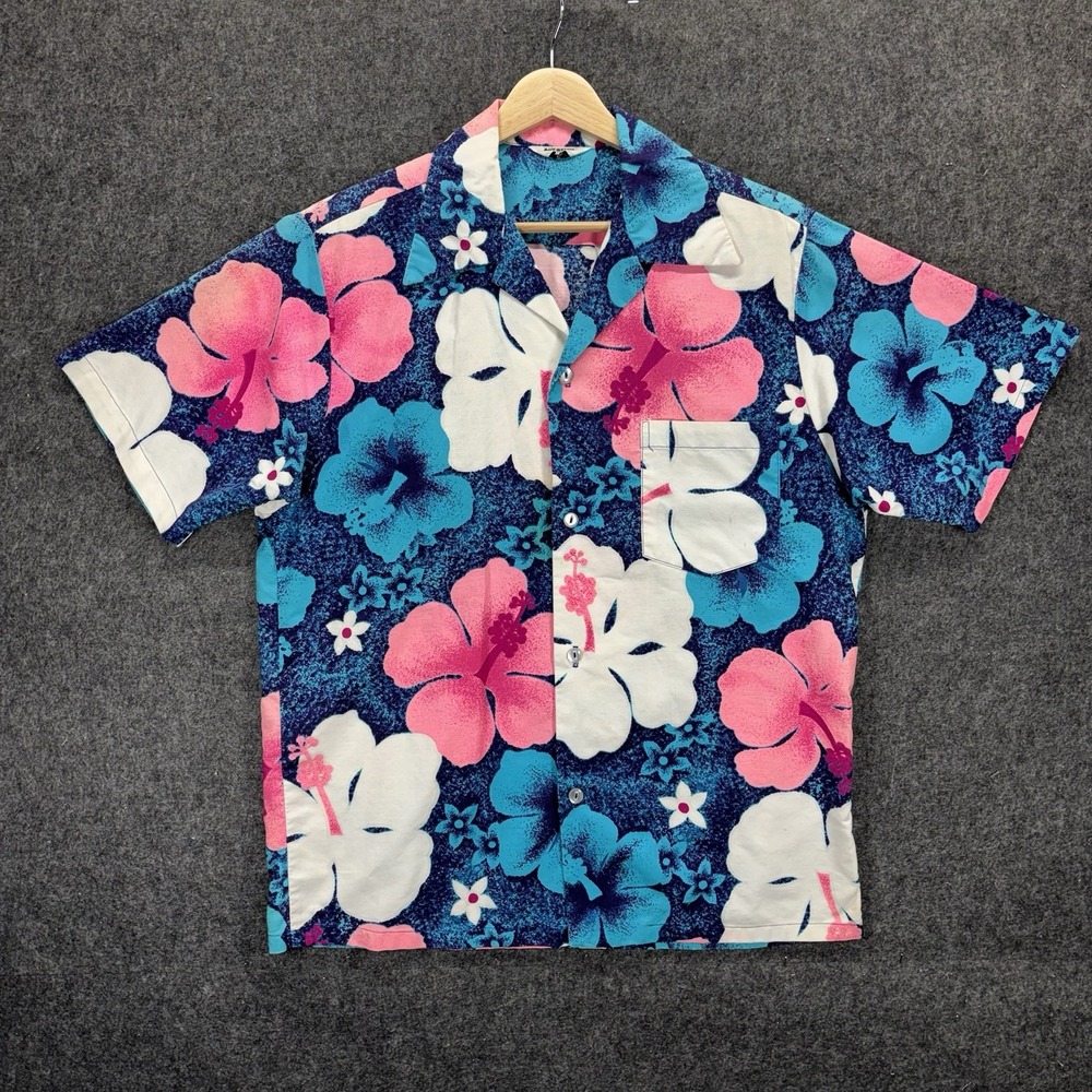 Vintage 50s 60s Hawaiian Aloha Shirt Mens Medium Cotton Hibiscus Floral Vibrant